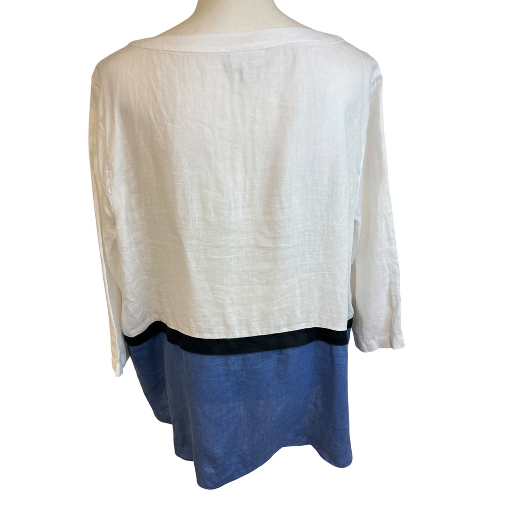 J JILL Linen Colorblock Tunic Top Women Sz L White Blue Coastal Casual Beachy - Picture 3 of 12